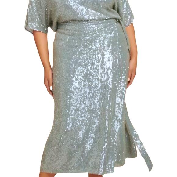 Sally LaPointe Blue Steel Sequin Viscose Belted Wrap Midi Skirt size 18 NEW Tags - Picture 1 of 12